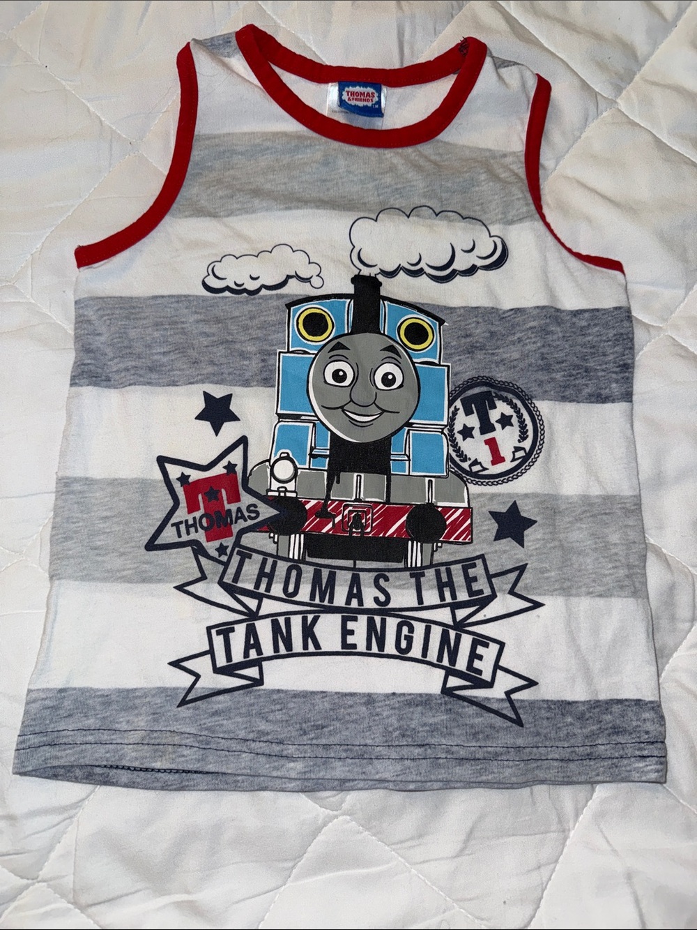 2017 Thomas the Tank Engine Boys' Grey & White Stripe Tank Top with Red